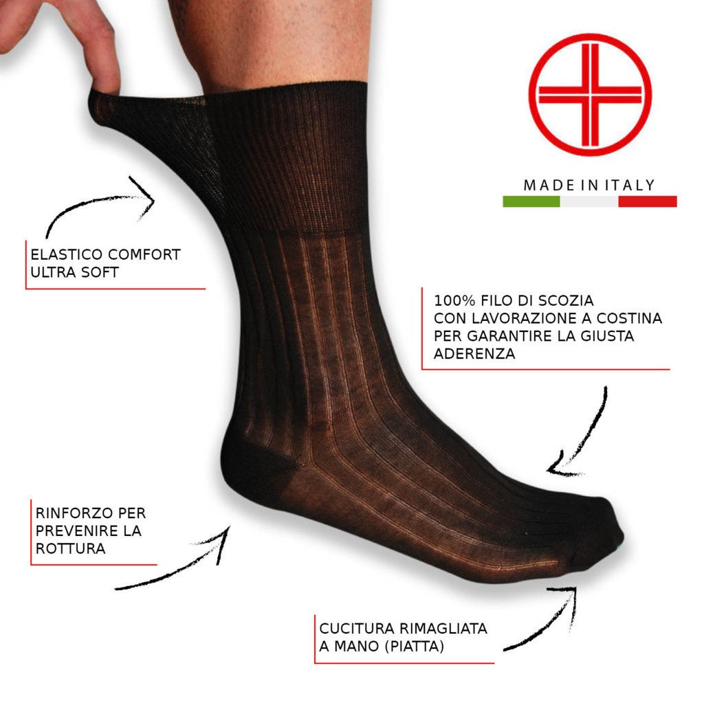 6 Paia di Calzini sanitari uomo con elastico extra-morbido, in 100% filo di scozia, per diabetici