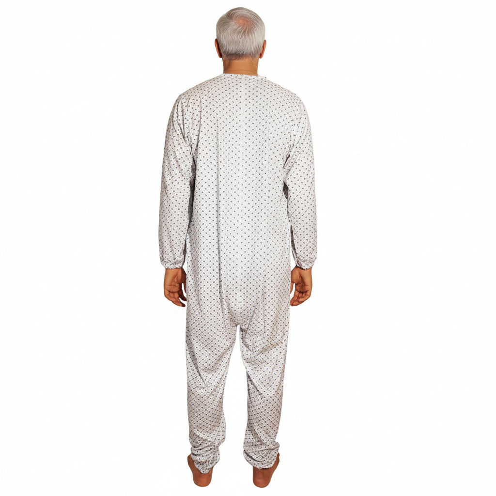 Pigiama sanitario uomo intero, in cotone leggero a maniche lunghe, con zip posteriore, adatto per anziani e lungodegenti