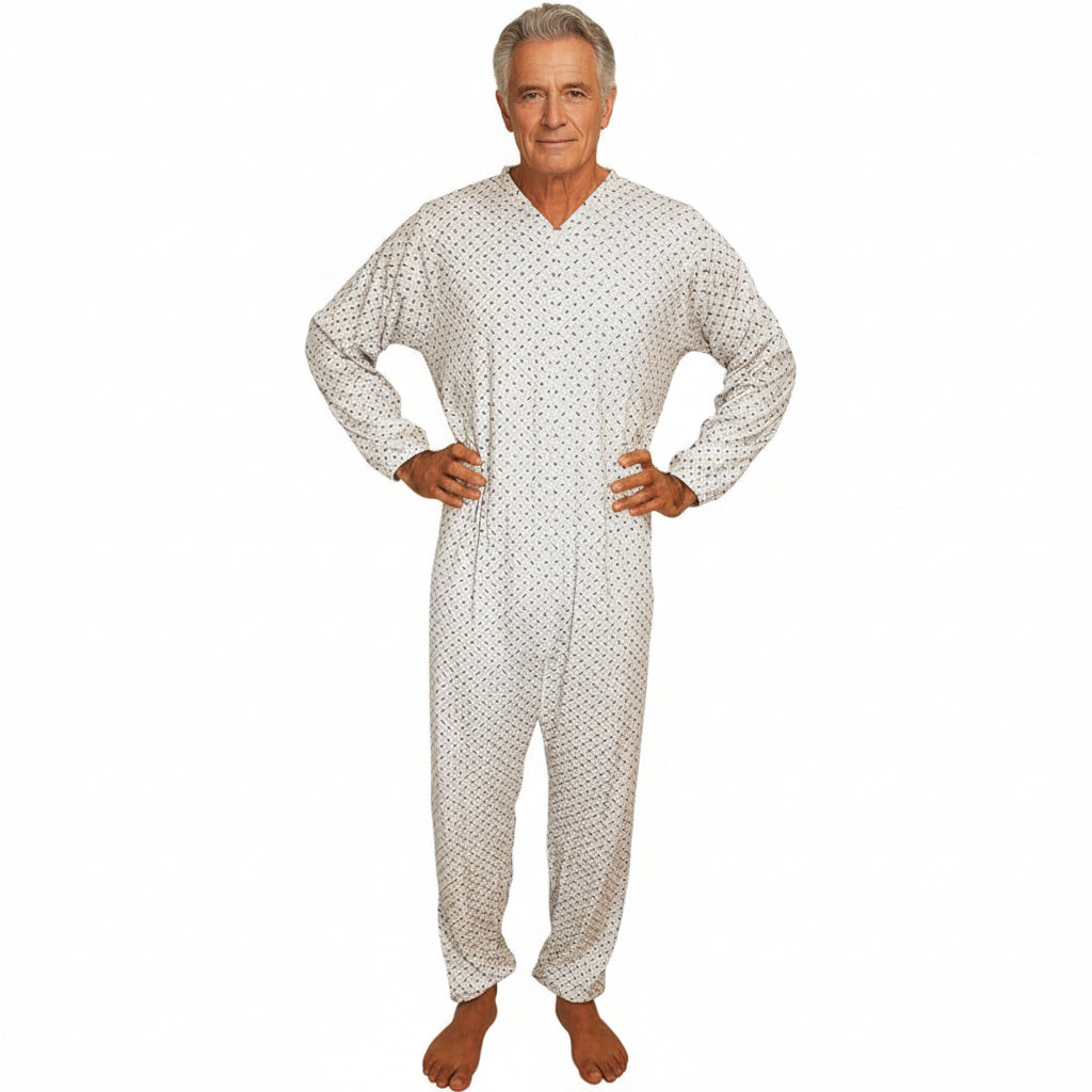 Pigiama sanitario uomo intero, in cotone leggero a maniche lunghe, con zip posteriore, adatto per anziani e lungodegenti