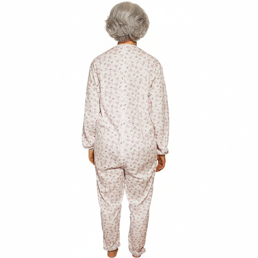 Pigiama sanitario donna intero, in cotone leggero a maniche lunghe, con zip posteriore, adatto per anziani e lungodegenti