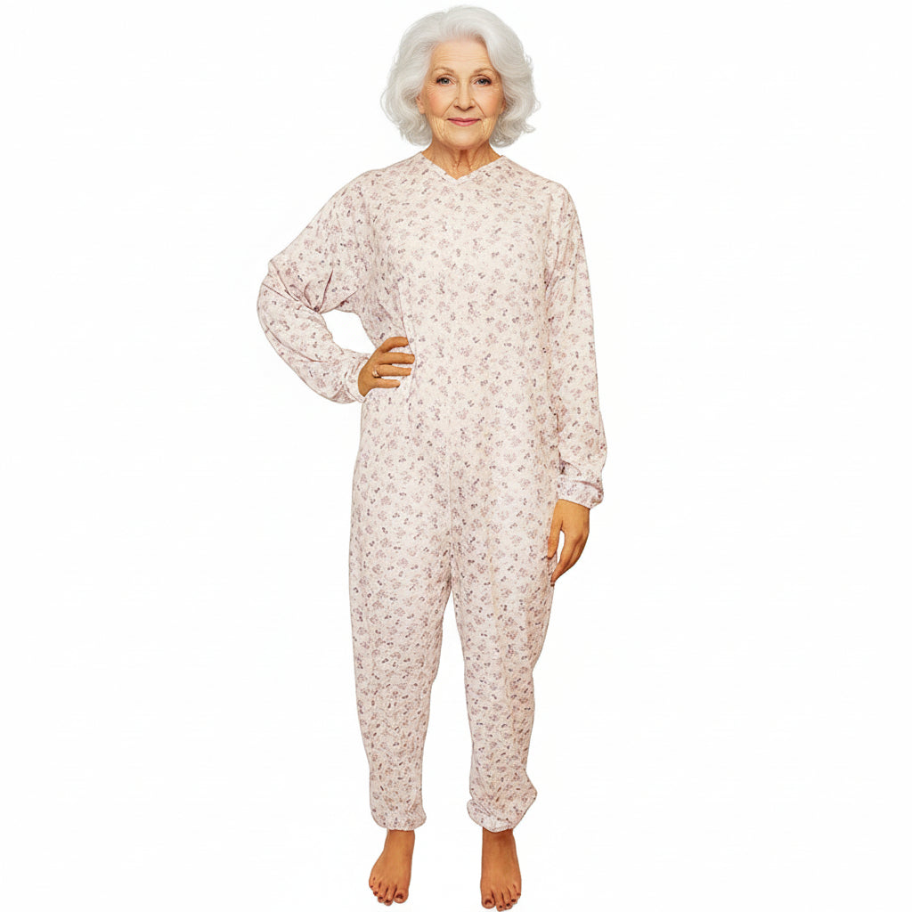 Pigiama sanitario donna intero, in cotone leggero a maniche lunghe, con zip posteriore, adatto per anziani e lungodegenti