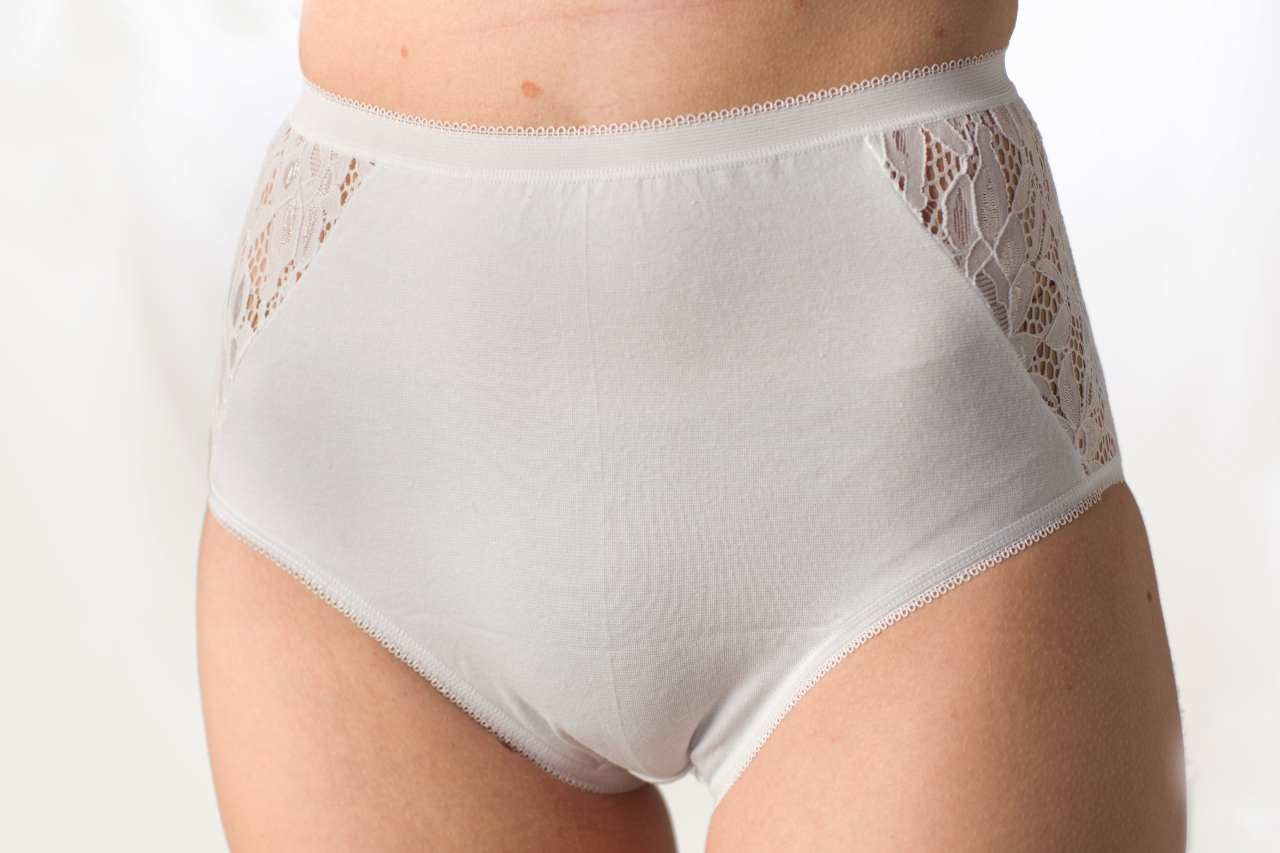 Slip donna midi classica a vita alta in cotone elasticizzato con inserto in pizzo sul fianco, confezione 3 pezzi, bianco