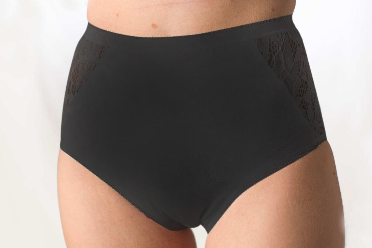 Slip donna midi classica a vita alta in cotone elasticizzato con inserto in pizzo sul fianco, confezione 3 pezzi, bianco e nero