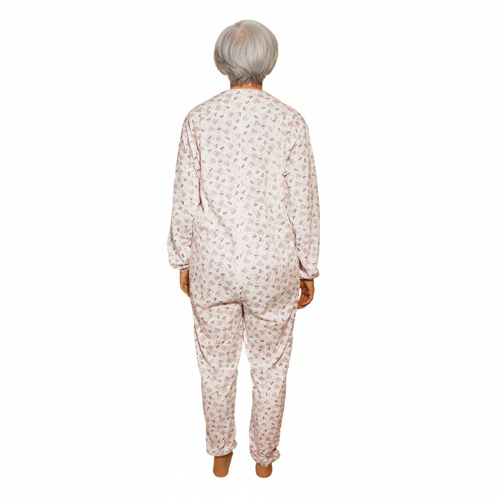 Pigiama sanitario donna, modello intero, in cotone leggero a manica lunga, con zip posteriore, adatto per anziani e lungodegenti