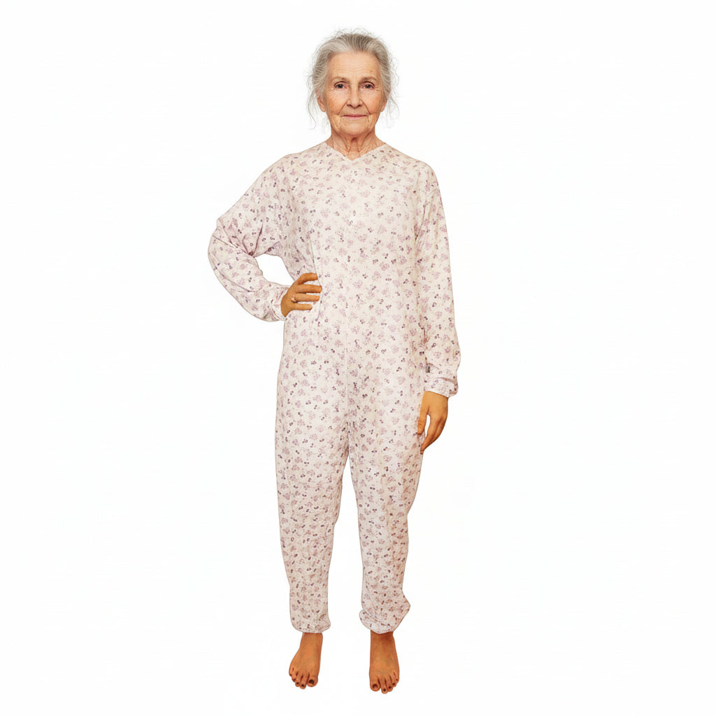 Pigiama sanitario donna, modello intero, in cotone leggero a manica lunga, con zip posteriore, adatto per anziani e lungodegenti