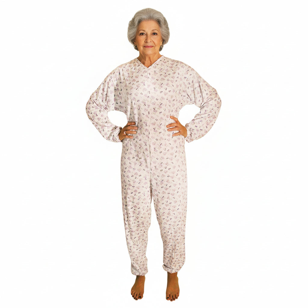 Pigiama sanitario donna, modello intero, in cotone leggero a manica lunga, con zip posteriore, adatto per anziani e lungodegenti