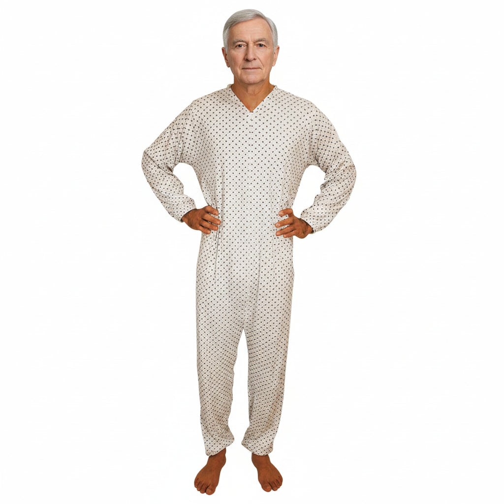 Pigiama sanitario uomo, modello intero, in cotone leggero a manica lunga, con zip posteriore, adatto per anziani e lungodegenti