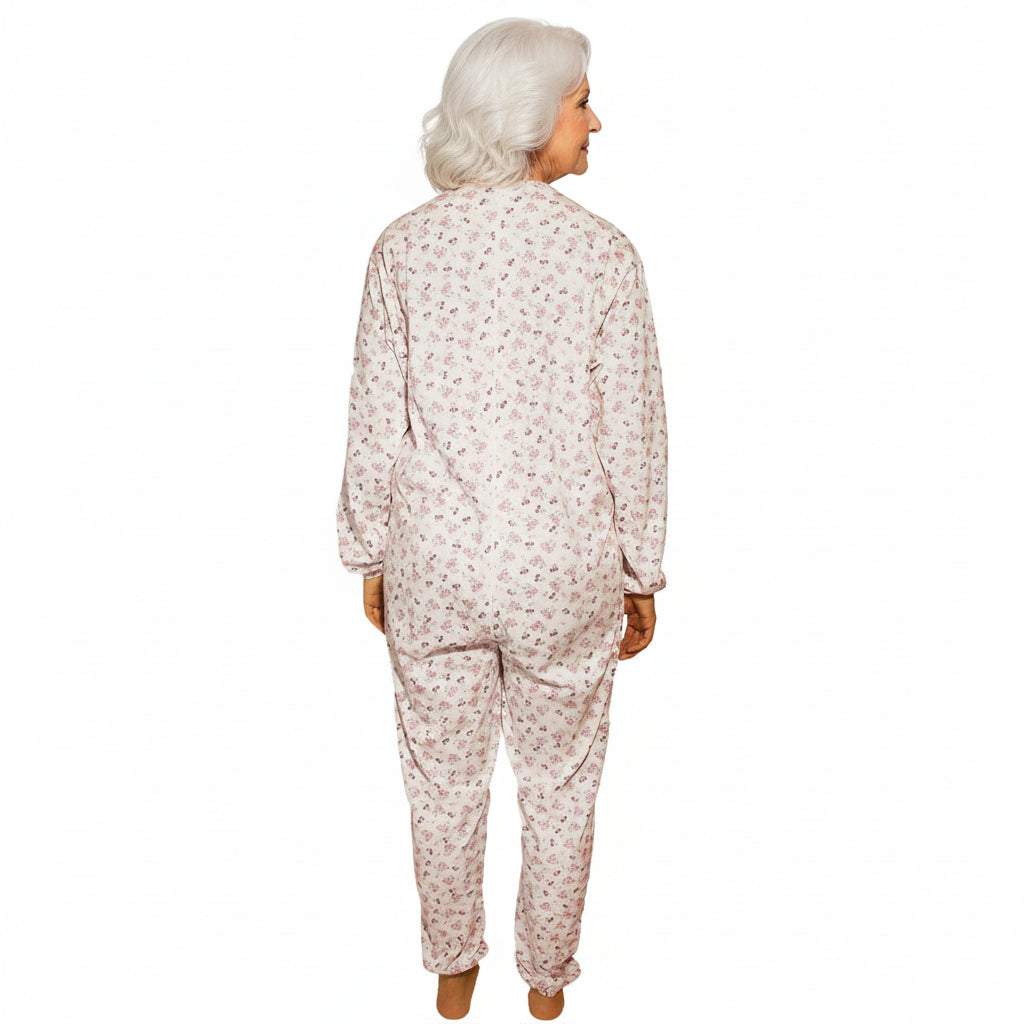 Pigiama sanitario donna, modello intero, in caldo cotone a manica lunga con zip posteriore, adatto per anziani e lungodegenti