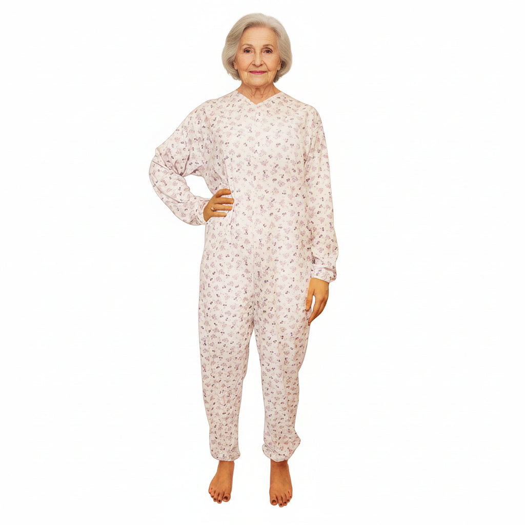 Pigiama sanitario donna, modello intero, in caldo cotone a manica lunga con zip posteriore, adatto per anziani e lungodegenti.