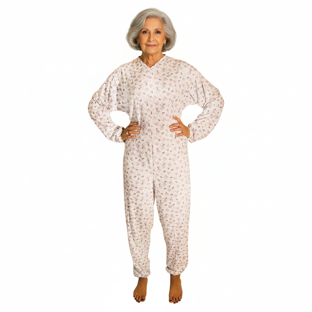 Pigiama sanitario donna, modello intero, in caldo cotone a manica lunga con zip posteriore, adatto per anziani e lungodegenti