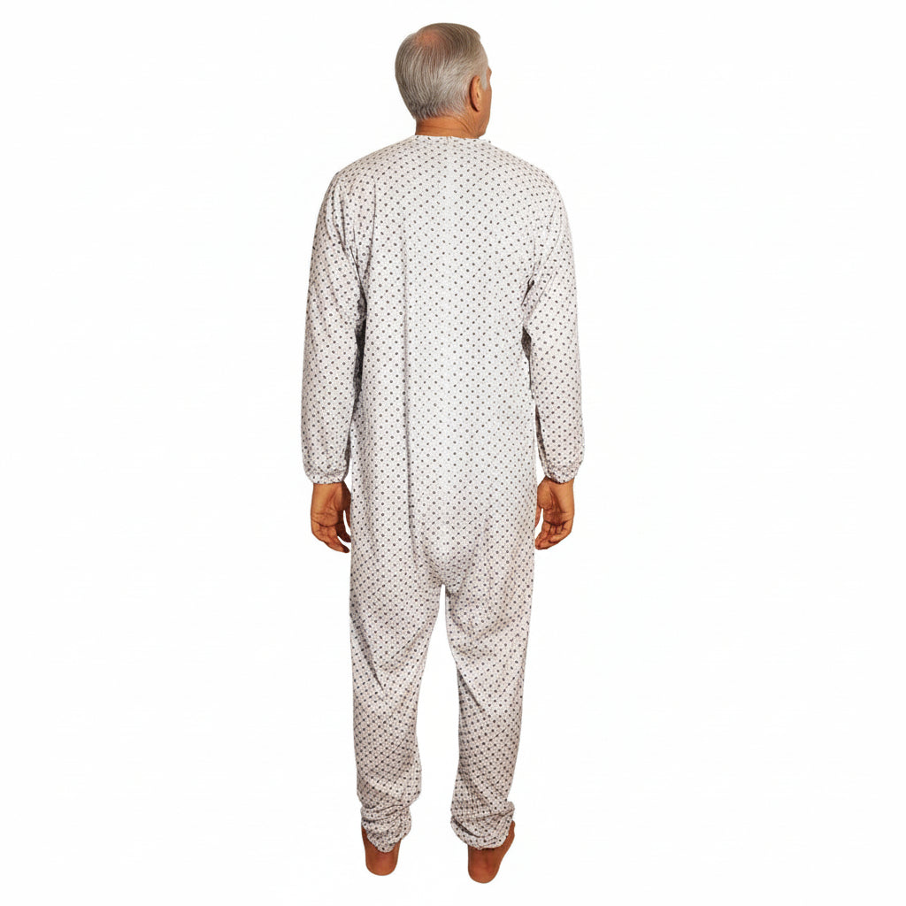 Pigiama sanitario uomo, modello intero, in caldo cotone a manica lunga con zip posteriore, adatto per anziani e lungodegenti