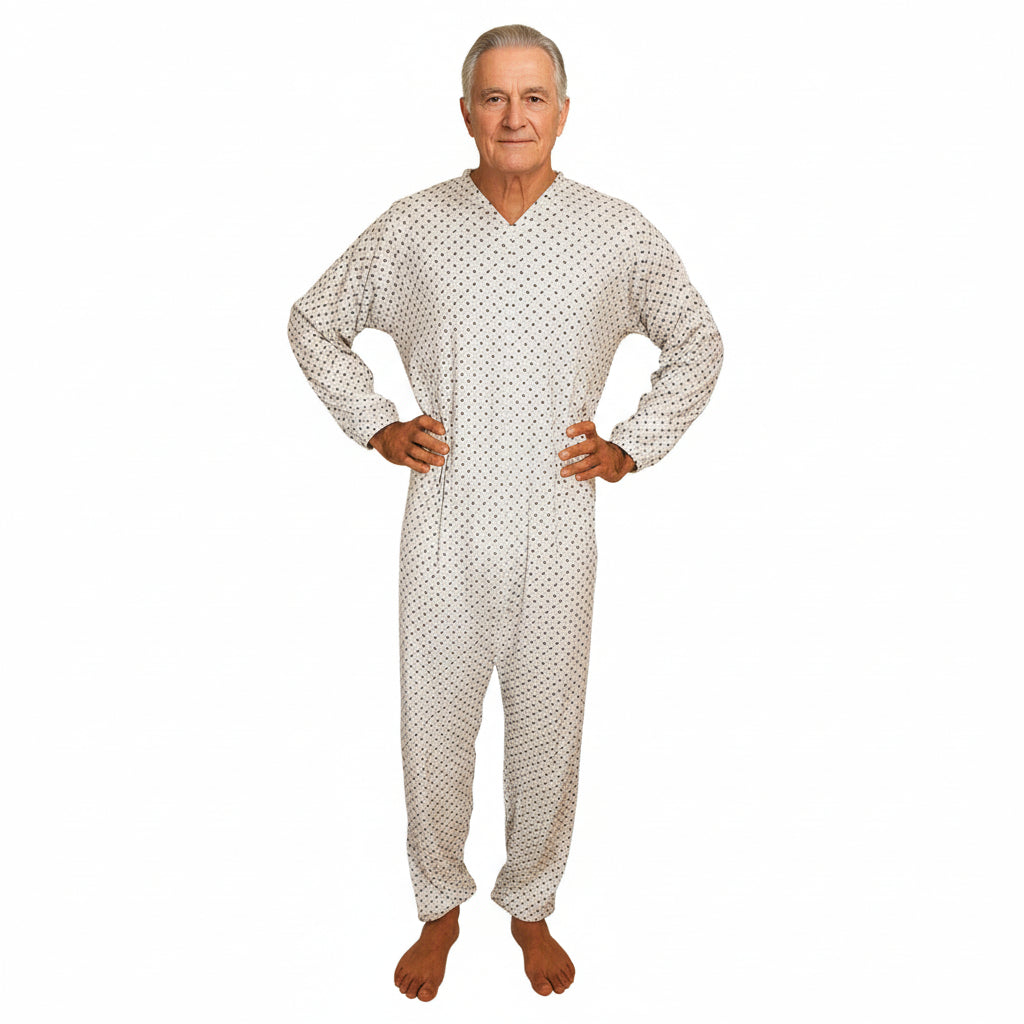 Pigiama sanitario uomo, modello intero, in caldo cotone a manica lunga con zip posteriore, adatto per anziani e lungodegenti