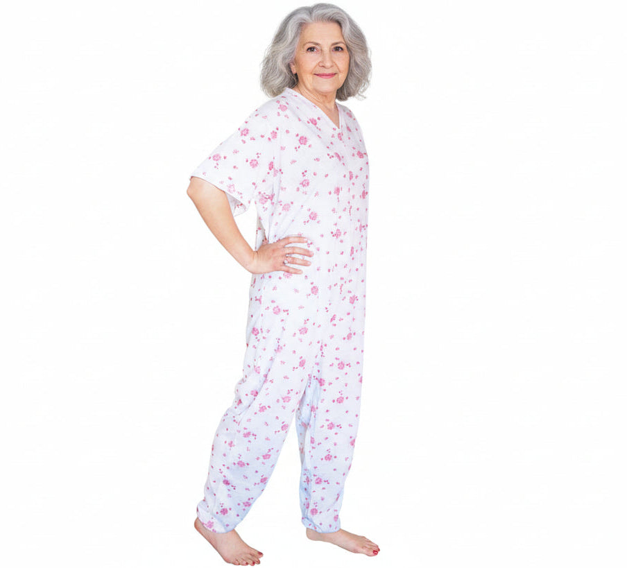 Pigiama sanitario donna intero, in cotone leggero a maniche corte, con zip posteriore, adatto per anziani e lungodegenti