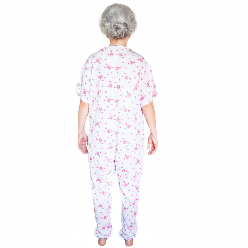 Pigiama sanitario donna intero, in cotone leggero a maniche corte, con zip posteriore, adatto per anziani e lungodegenti