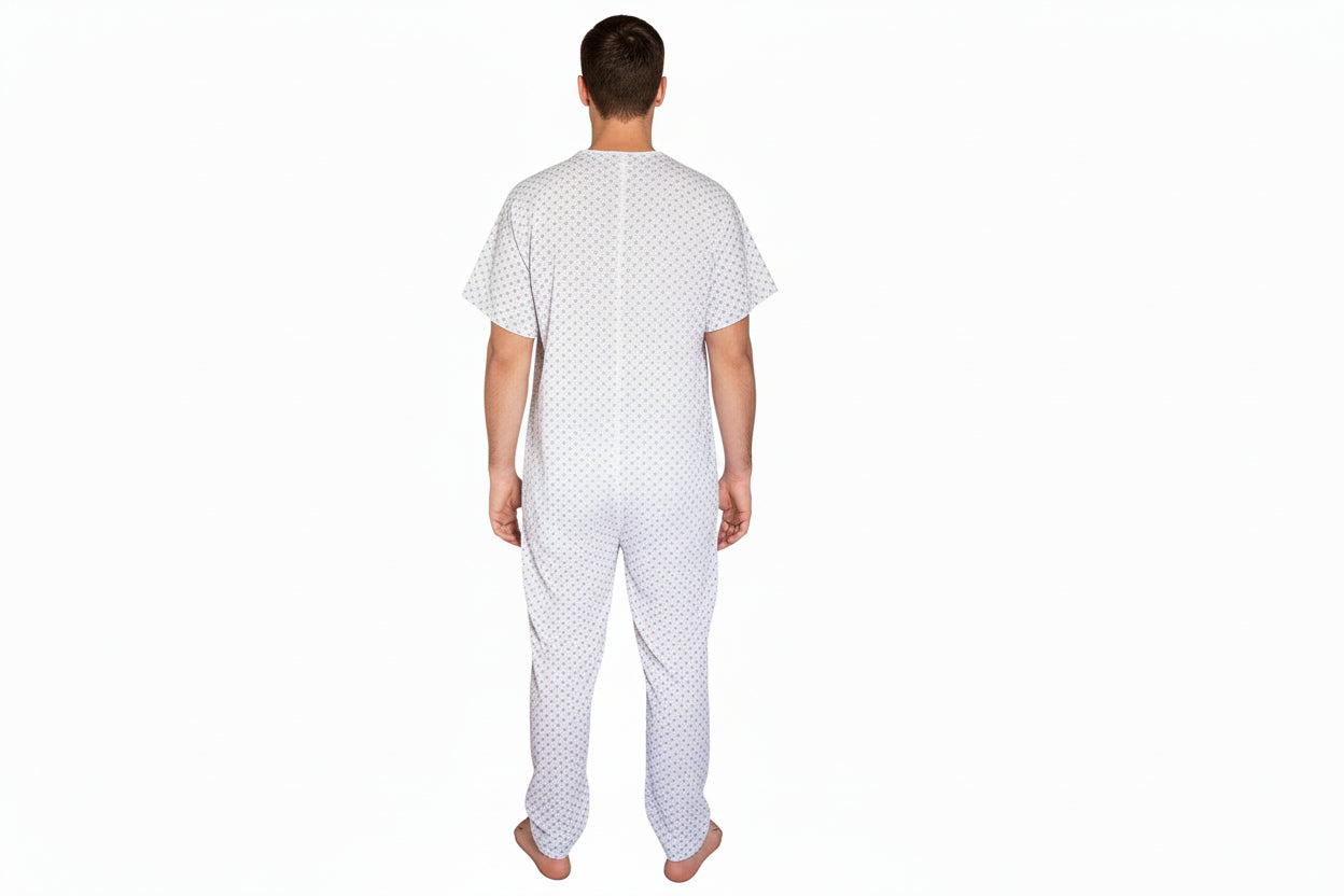 Pigiama sanitario uomo intero, in cotone leggero a maniche corte, con zip posteriore, adatto per anziani e lungodegenti