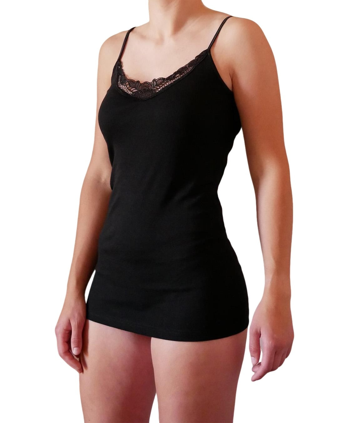 2 Canotte donna in 100% cotone, con pizzo e spalla stretta in raso