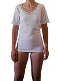 Maglia a mezza manica donna in lana / cotone con pizzo, confezione da due pezzi