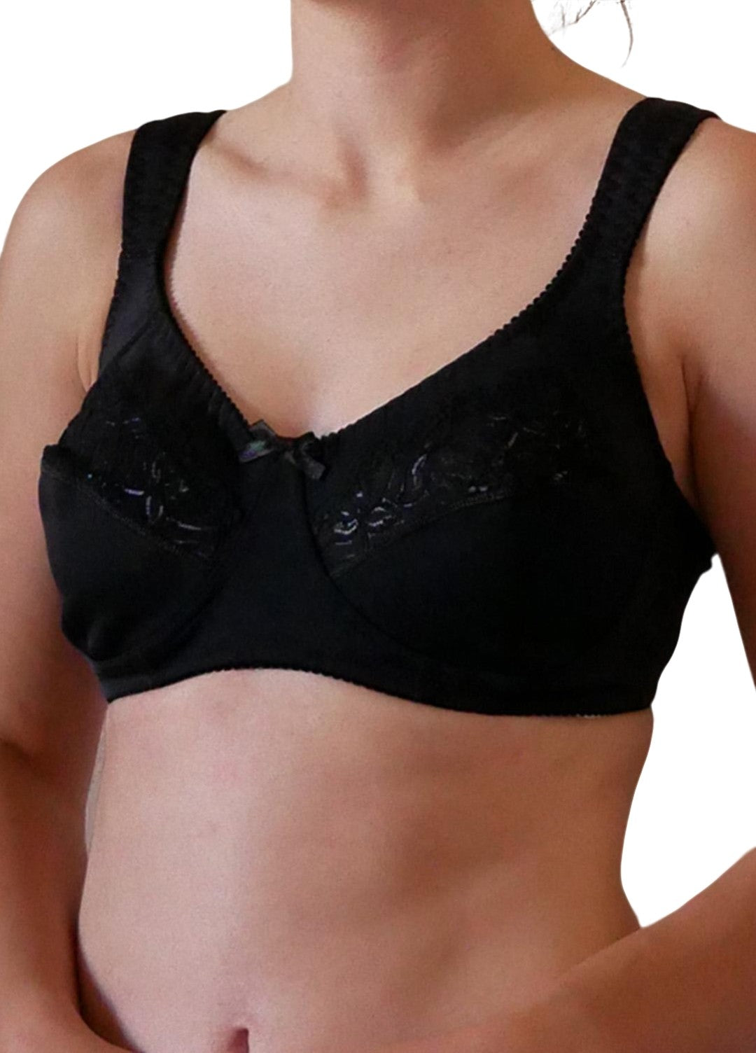 Reggiseno con inserto in pizzo elasticizzato, senza ferretto, a spalla larga, microfibra esternamente e cotone internamente