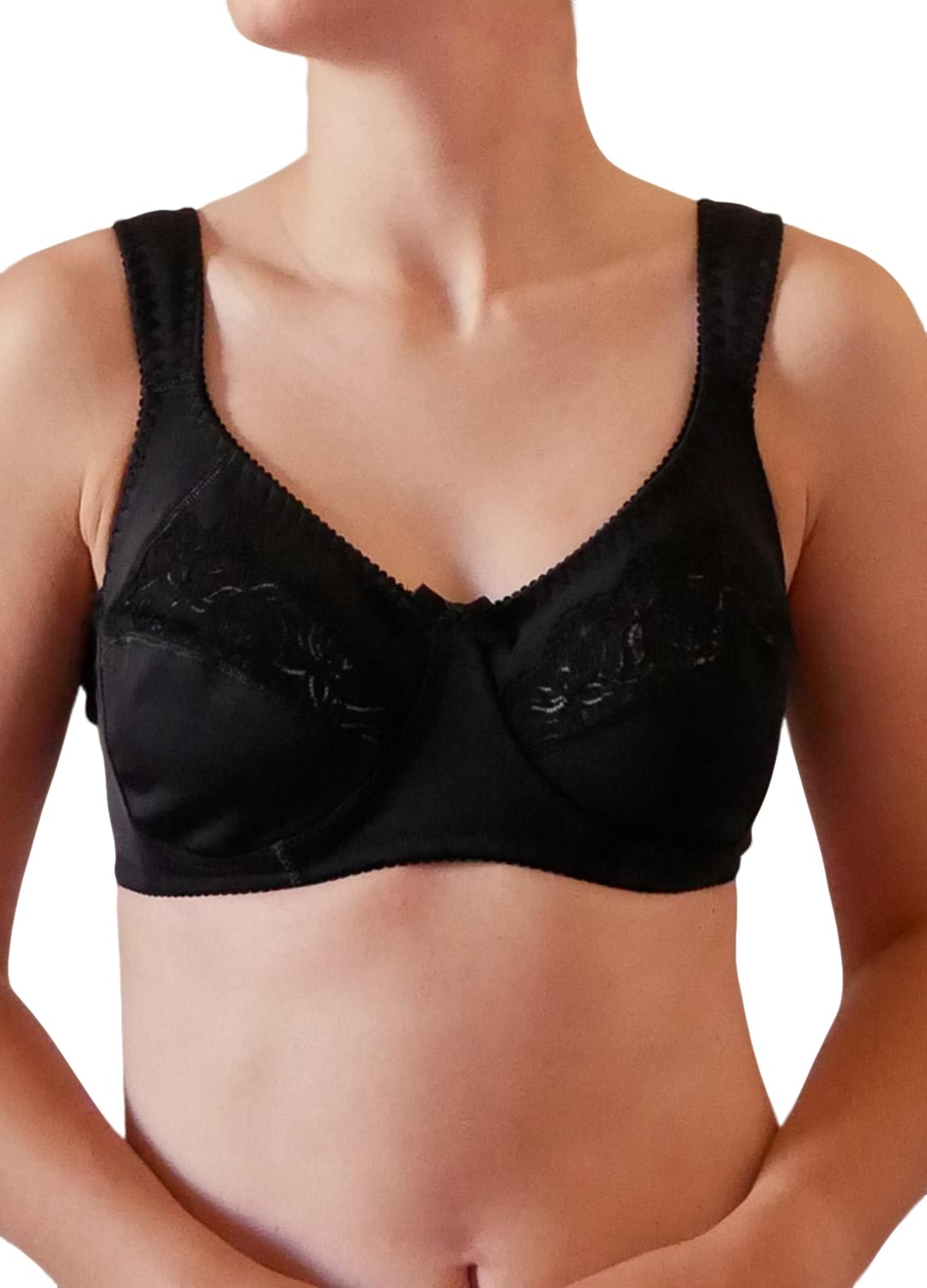Reggiseno con inserto in pizzo elasticizzato, senza ferretto, a spalla larga, microfibra esternamente e cotone internamente