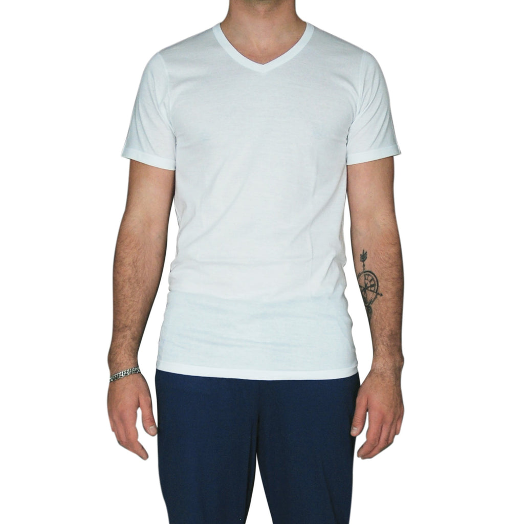 2 Maglie a manica corta da uomo con scollo a punta V, in cotone Interlock / caldo cotone