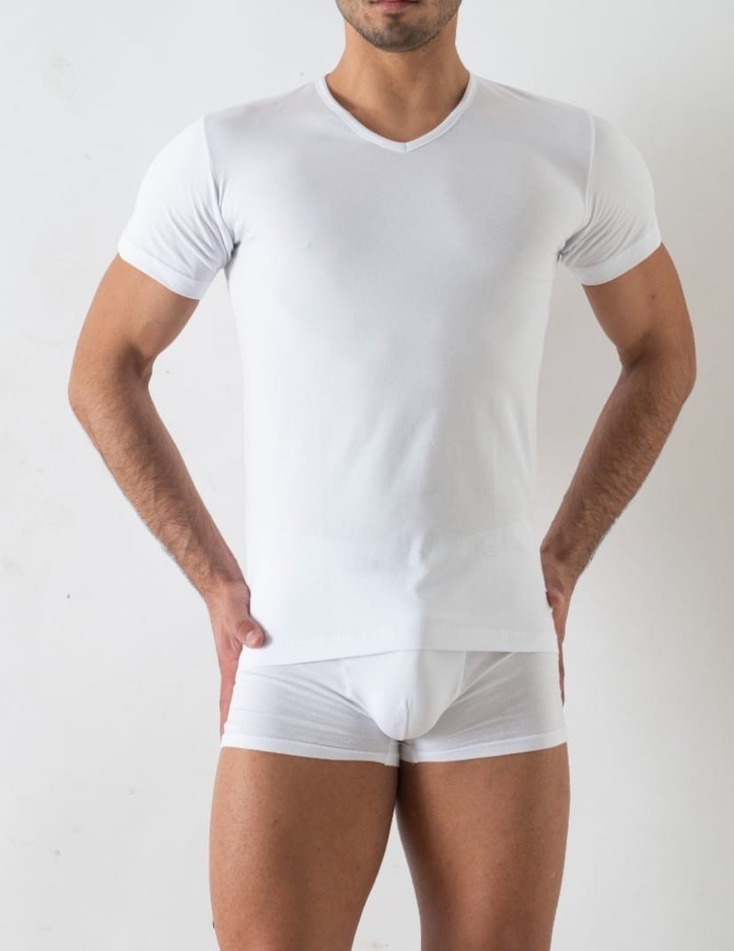 Maglia intima uomo con manica corta e scollo a punta V, in cotone elasticizzato