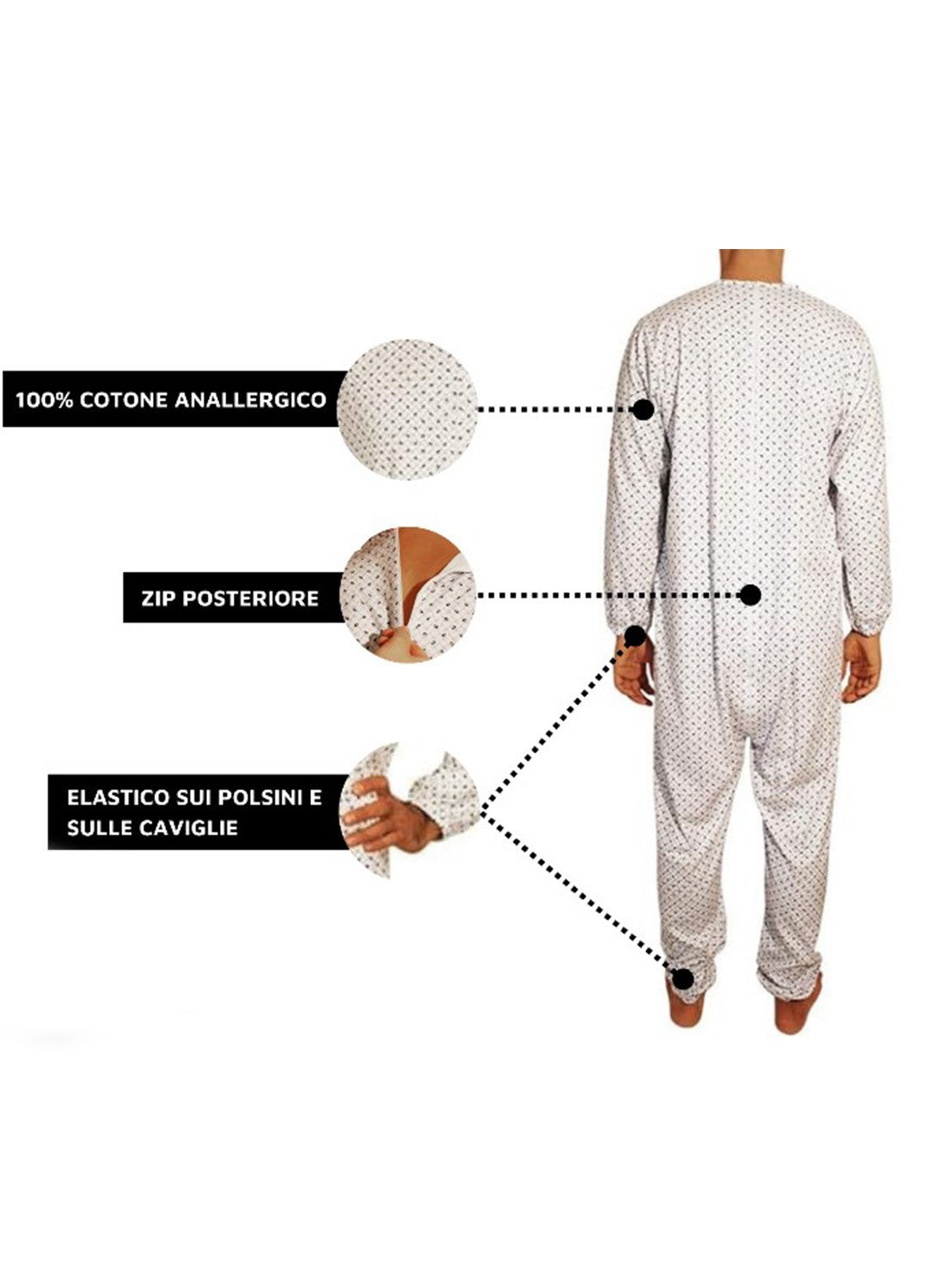 Pigiama sanitario donna intero, in cotone leggero a maniche corte, con zip posteriore, adatto per anziani e lungodegenti