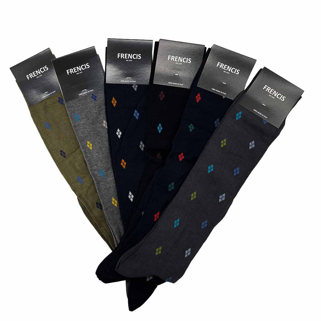Calzini Uomo Lunghi al Ginocchio Fantasia Rombi in Cotone Elasticizzato – Eleganti, Made in Italy (6 Paia)