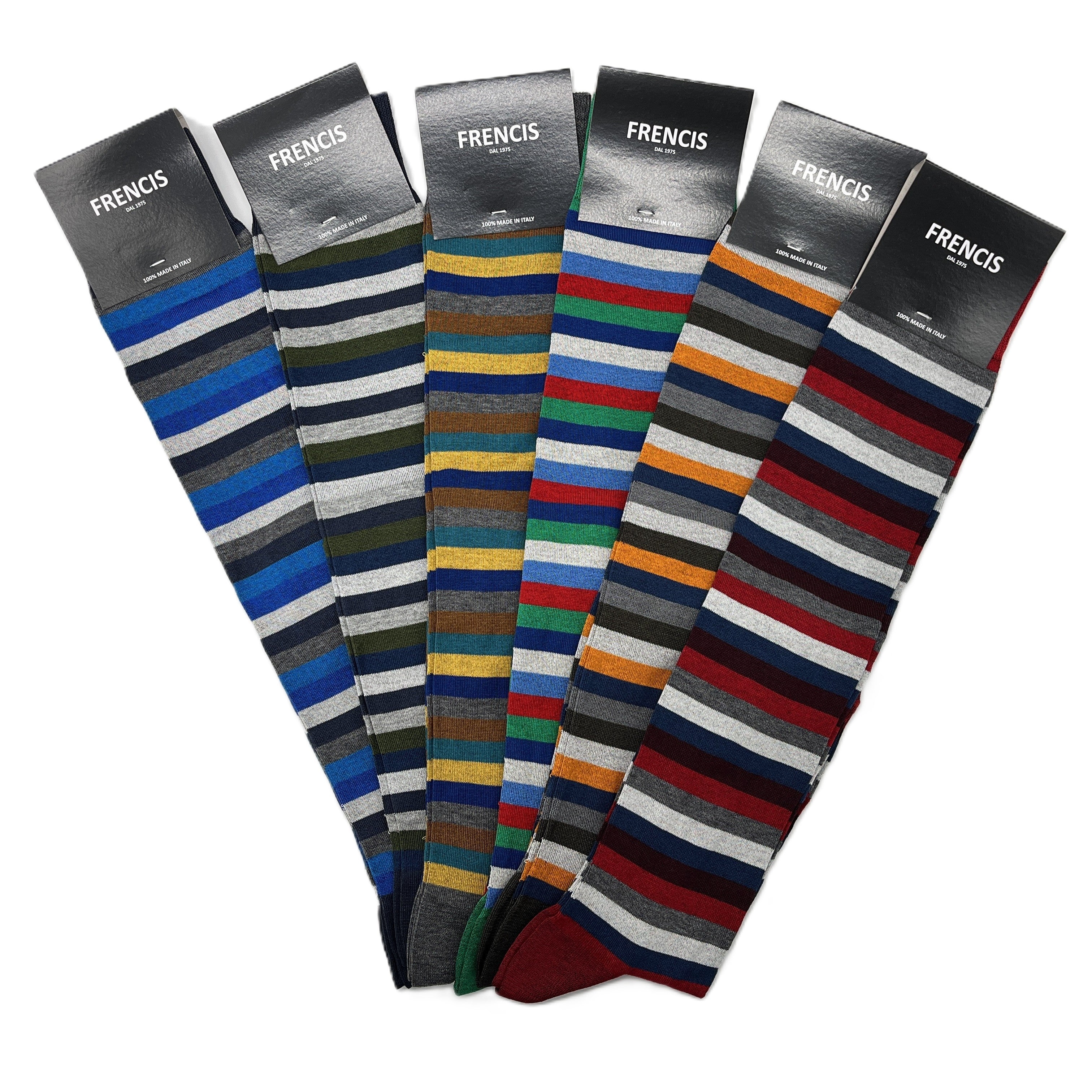 Calzini Uomo Lunghi al Ginocchio a Righe Larghe Colorate in Cotone Elasticizzato – Eleganti, Made in Italy (6 Paia)