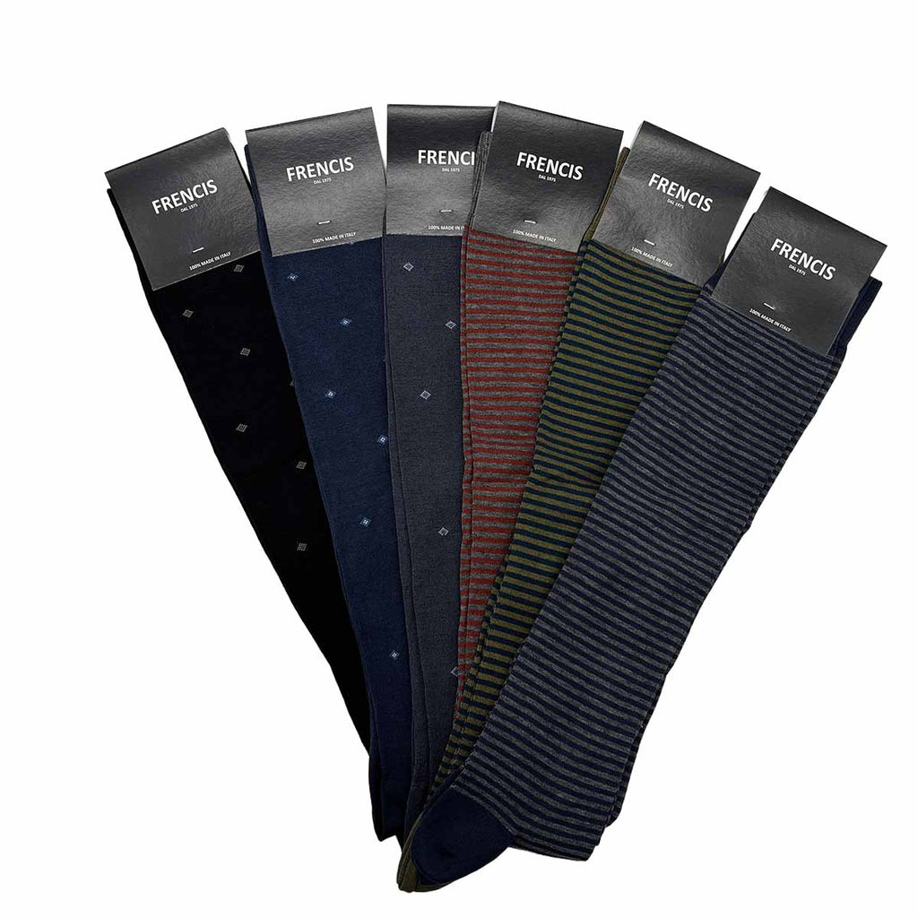 Calzini Uomo Lunghi al Ginocchio Eleganti Righe Sottili e Diamanti in Cotone Elasticizzato – Made in Italy (6 Paia)
