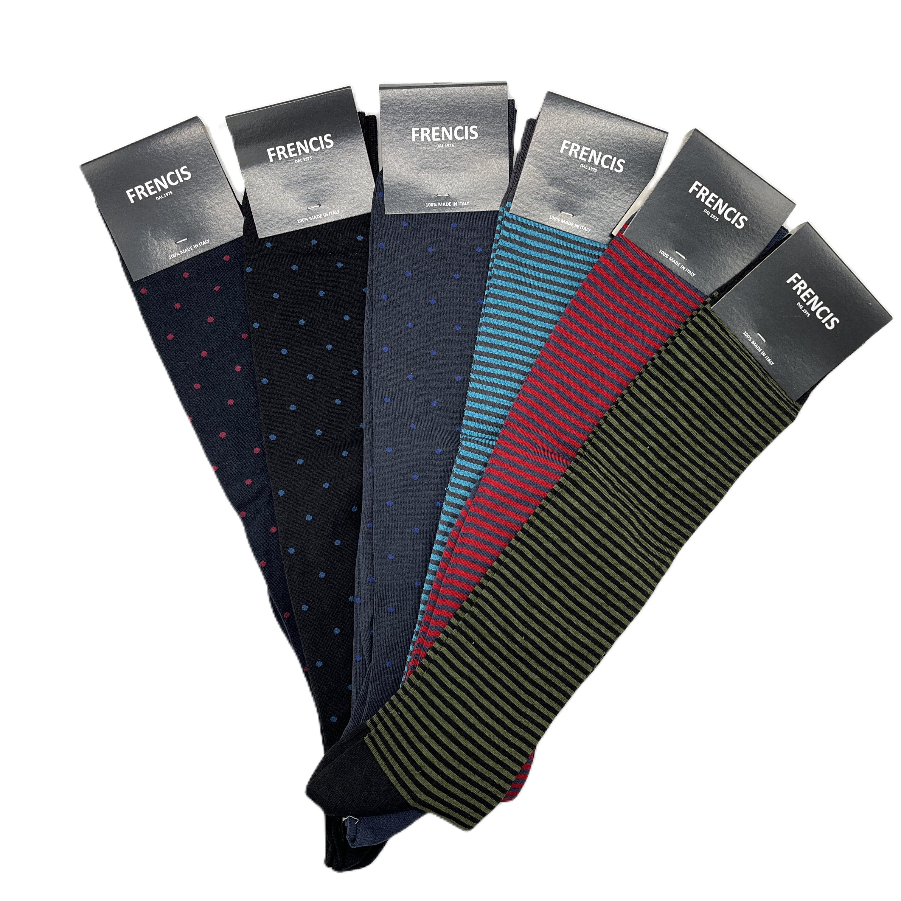 Calzini Uomo Lunghi al Ginocchio Fantasia Pois e Righe in Cotone Elasticizzato – Eleganti, Made in Italy (6 Paia)