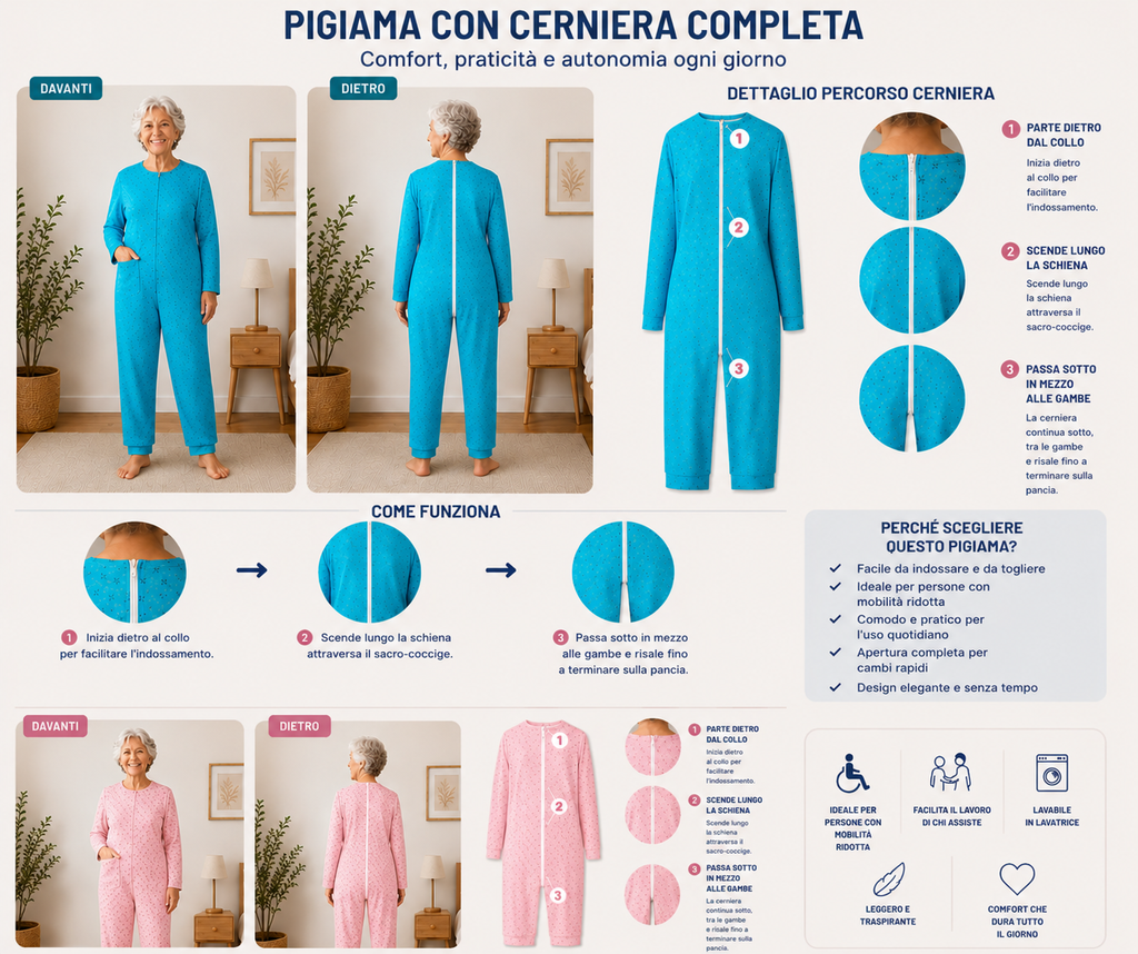 Pigiama sanitario DONNA, Colore Rosa, modello intero, in COTONE LEGGERO a MANICA LUNGA, con zip posteriore, adatto per anziani e lungodegenti