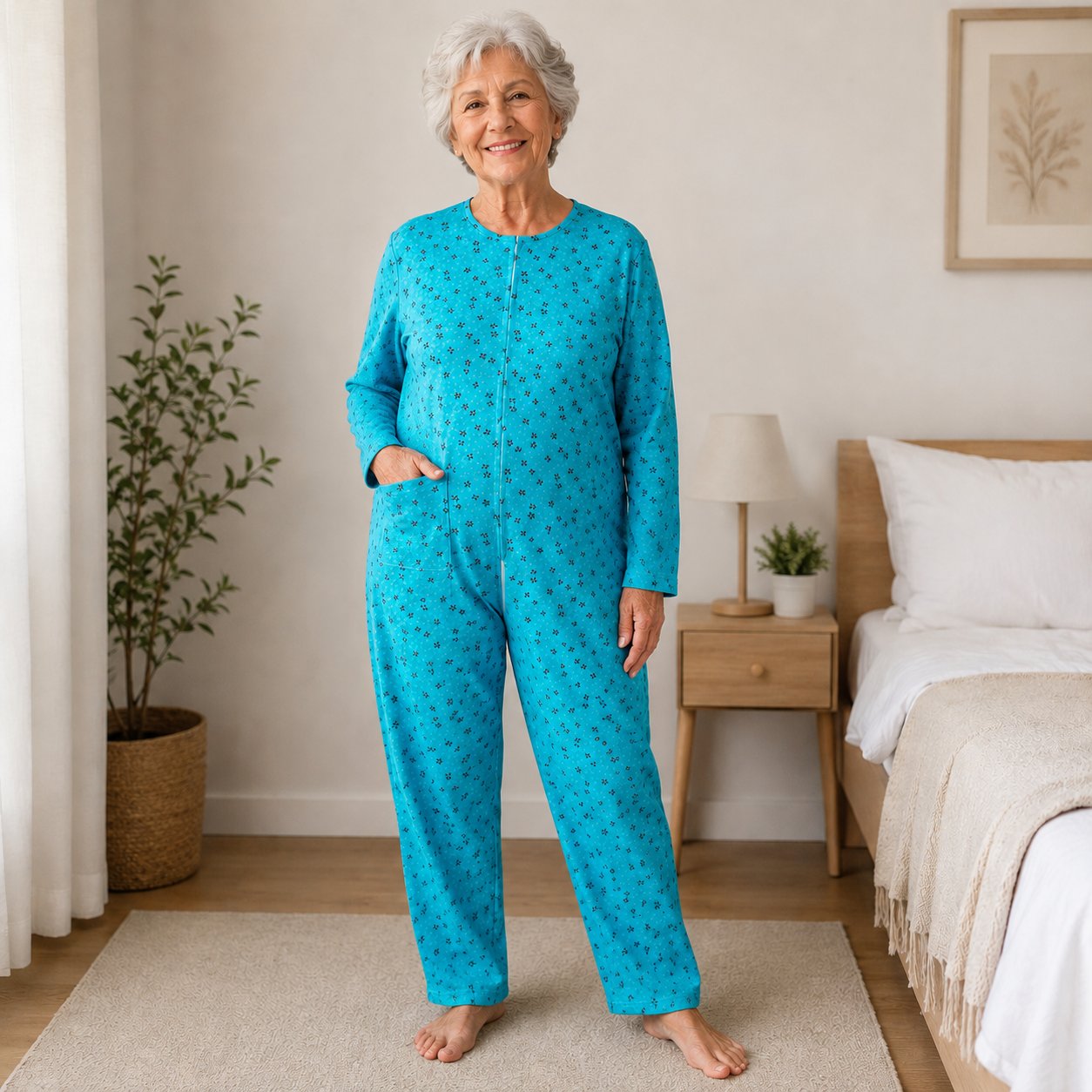 Pigiama sanitario DONNA, Colore Azzurro, modello intero, in COTONE LEGGERO a MANICA LUNGA, con zip posteriore, adatto per anziani e lungodegenti (Copia)