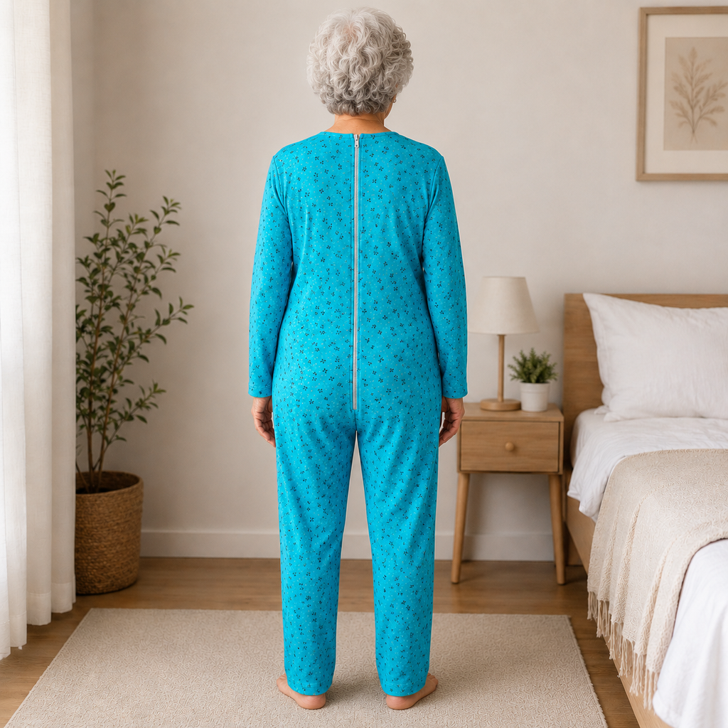 Pigiama sanitario DONNA, Colore Azzurro, modello intero, in COTONE LEGGERO a MANICA LUNGA, con zip posteriore, adatto per anziani e lungodegenti (Copia)
