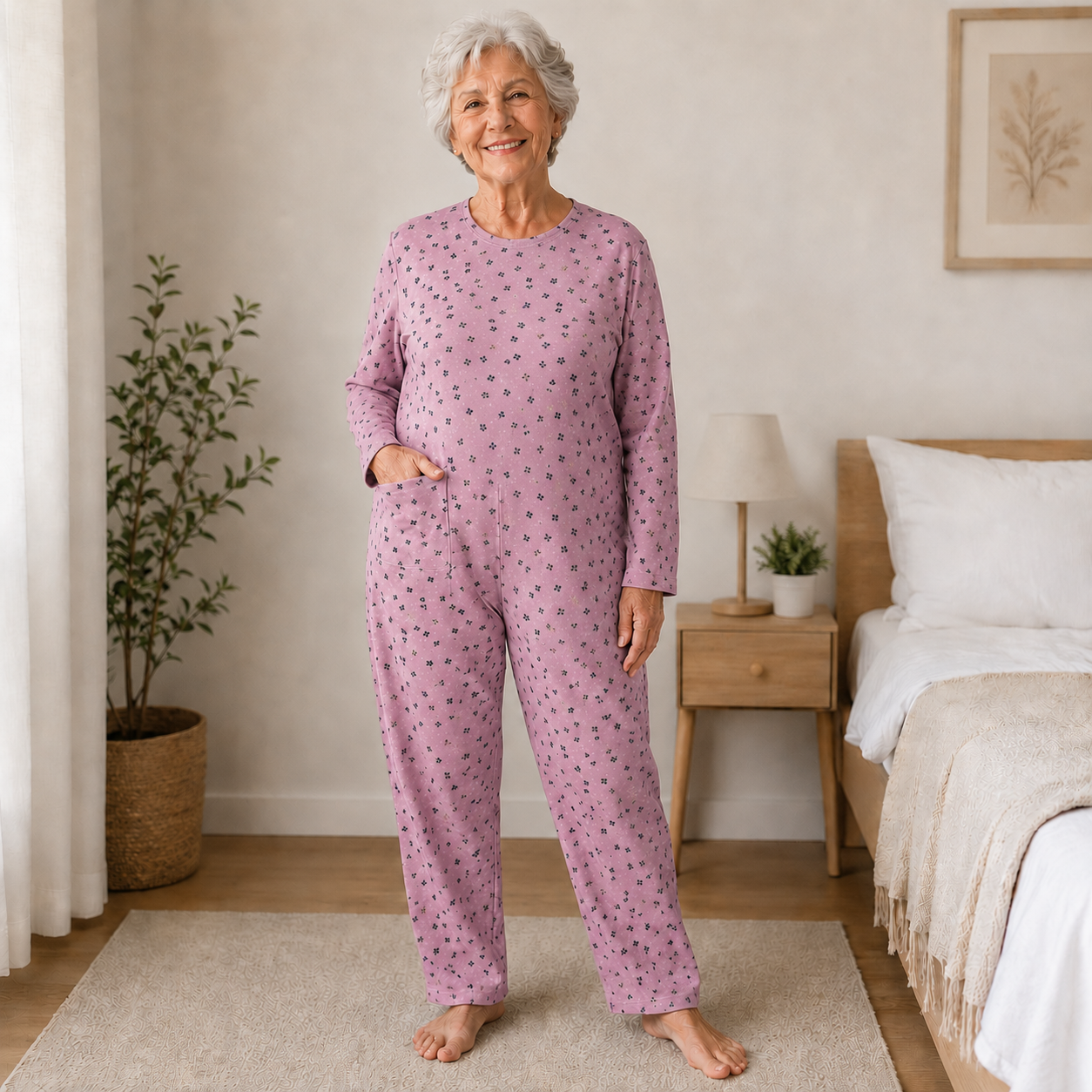 Pigiama sanitario DONNA, Colore Rosa, modello intero, in COTONE LEGGERO a MANICA LUNGA, con zip posteriore, adatto per anziani e lungodegenti