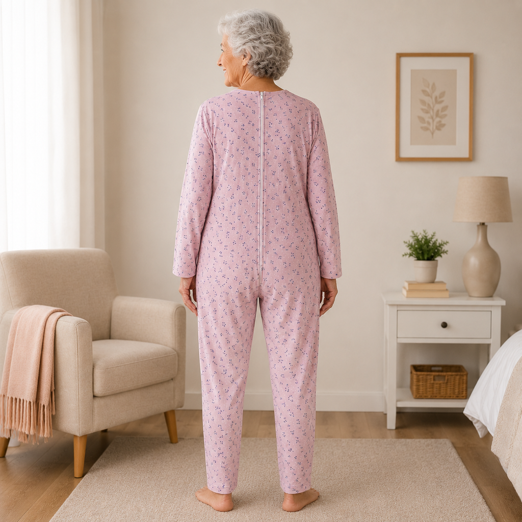 Pigiama sanitario DONNA, Colore Rosa, modello intero, in COTONE LEGGERO a MANICA LUNGA, con zip posteriore, adatto per anziani e lungodegenti
